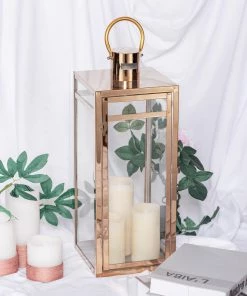 HIER_4310 Chargers & Centerpieces 22" Blush/Rose Gold Vintage Top Stainless Steel Candle Lantern Centerpiece Outdoor Metal Patio Lantern