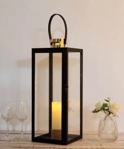 HIER_4310 Chargers & Centerpieces 26" Black & Gold Top Stainless Steel Candle Lantern Centerpiece Outdoor Metal Patio Lantern