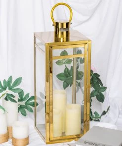 HIER_4310 Chargers & Centerpieces 22" Gold Vintage Top Stainless Steel Candle Lantern Centerpiece Outdoor Metal Patio Lantern