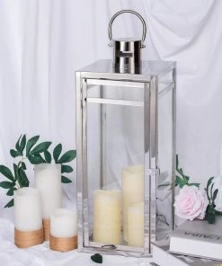 HIER_4310 Chargers & Centerpieces 22" Silver Vintage Top Stainless Steel Candle Lantern Centerpiece Outdoor Metal Patio Lantern