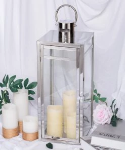 HIER_4310 Chargers & Centerpieces 22" Silver Vintage Top Stainless Steel Candle Lantern Centerpiece Outdoor Metal Patio Lantern