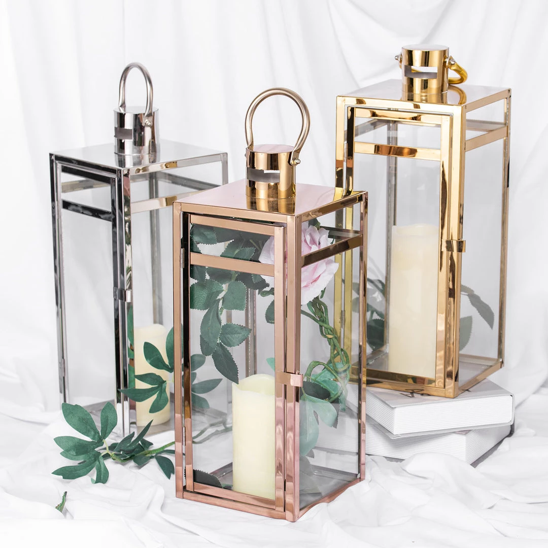 HIER_4310 17" Blush/Rose Gold Vintage Top Stainless Steel Candle Lantern Centerpiece Outdoor Metal Patio Lantern 10 HIER_4310 17" Blush/Rose Gold Vintage Top Stainless Steel Candle Lantern Centerpiece Outdoor Metal Patio Lantern