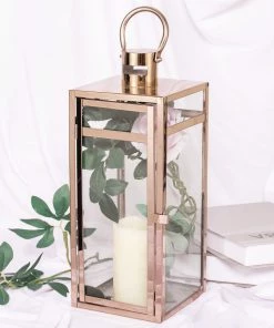 HIER_4310 17" Blush/Rose Gold Vintage Top Stainless Steel Candle Lantern Centerpiece Outdoor Metal Patio Lantern 26 HIER_4310 17