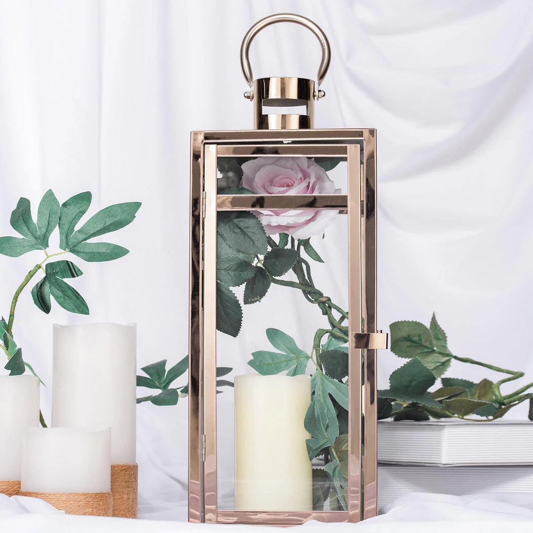 HIER_4310 17" Blush/Rose Gold Vintage Top Stainless Steel Candle Lantern Centerpiece Outdoor Metal Patio Lantern 2 HIER_4310 17" Blush/Rose Gold Vintage Top Stainless Steel Candle Lantern Centerpiece Outdoor Metal Patio Lantern