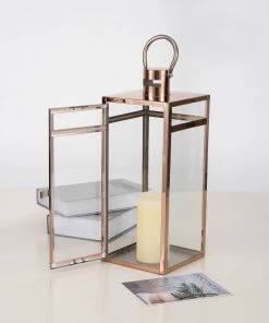 HIER_4310 17" Blush/Rose Gold Vintage Top Stainless Steel Candle Lantern Centerpiece Outdoor Metal Patio Lantern 23 HIER_4310 17