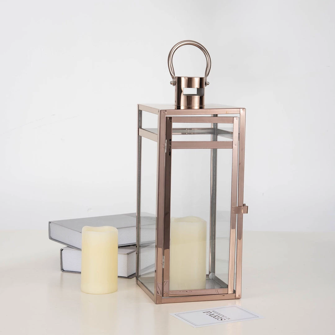 HIER_4310 17" Blush/Rose Gold Vintage Top Stainless Steel Candle Lantern Centerpiece Outdoor Metal Patio Lantern 6 HIER_4310 17" Blush/Rose Gold Vintage Top Stainless Steel Candle Lantern Centerpiece Outdoor Metal Patio Lantern