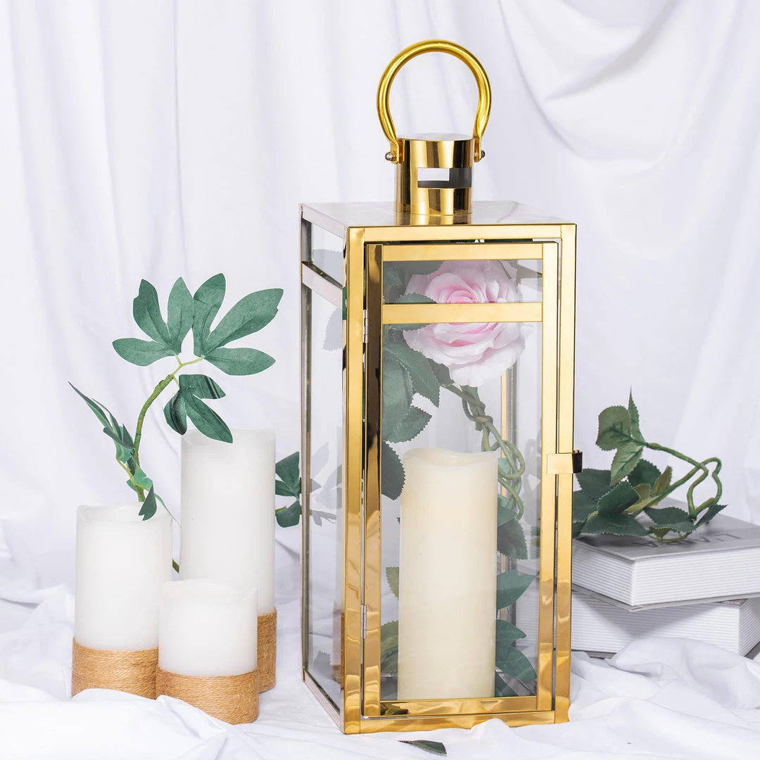 HIER_4310 17" Gold Vintage Top Stainless Steel Candle Lantern Centerpiece Outdoor Metal Patio Lantern Chargers & Centerpieces 12 HIER_4310 17" Gold Vintage Top Stainless Steel Candle Lantern Centerpiece Outdoor Metal Patio Lantern Chargers & Centerpieces