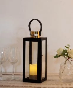 HIER_4310 14" Black & Gold Top Stainless Steel Candle Lantern Centerpiece Outdoor Metal Patio Lantern