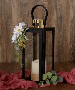 HIER_4310 14" Black & Gold Top Stainless Steel Candle Lantern Centerpiece Outdoor Metal Patio Lantern