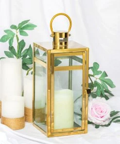 HIER_4310 12" Gold Vintage Top Stainless Steel Candle Lantern Centerpiece Outdoor Metal Patio Lantern
