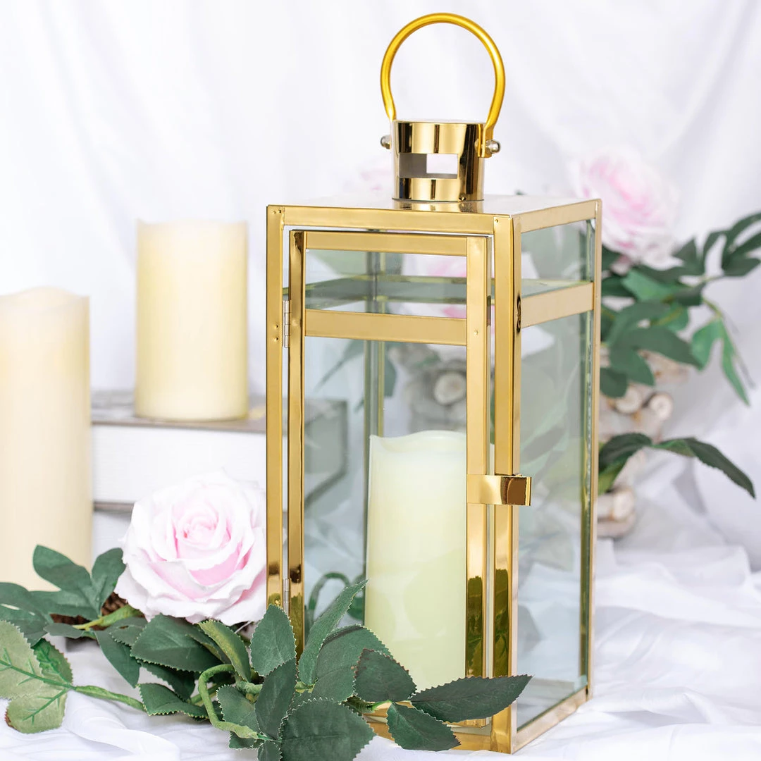 HIER_4310 12" Gold Vintage Top Stainless Steel Candle Lantern Centerpiece Outdoor Metal Patio Lantern 11 HIER_4310 12" Gold Vintage Top Stainless Steel Candle Lantern Centerpiece Outdoor Metal Patio Lantern
