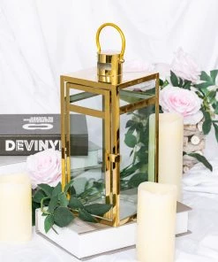 HIER_4310 12" Gold Vintage Top Stainless Steel Candle Lantern Centerpiece Outdoor Metal Patio Lantern 29 HIER_4310 12