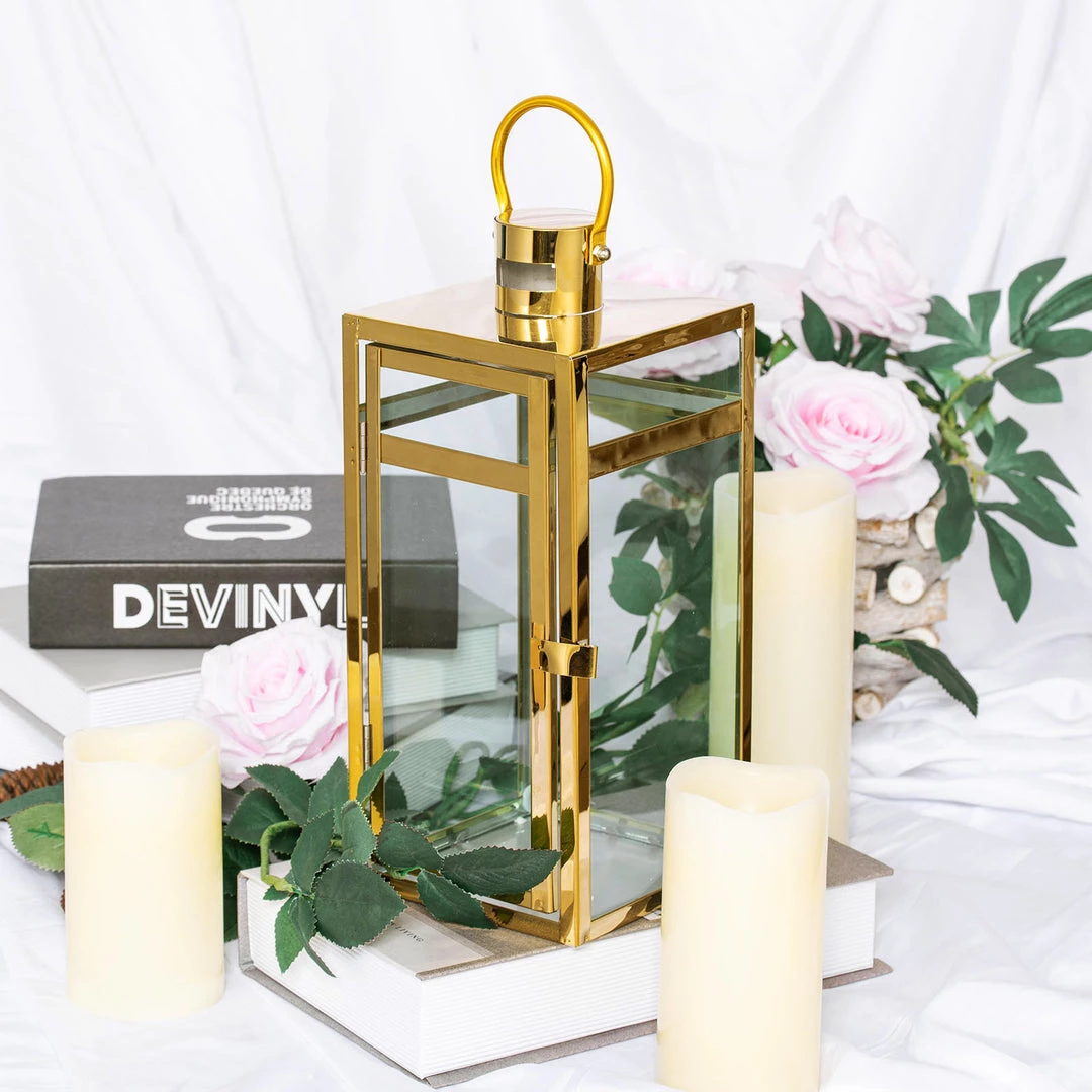 HIER_4310 12" Gold Vintage Top Stainless Steel Candle Lantern Centerpiece Outdoor Metal Patio Lantern 12 HIER_4310 12" Gold Vintage Top Stainless Steel Candle Lantern Centerpiece Outdoor Metal Patio Lantern