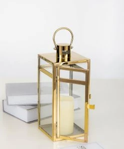 HIER_4310 12" Gold Vintage Top Stainless Steel Candle Lantern Centerpiece Outdoor Metal Patio Lantern