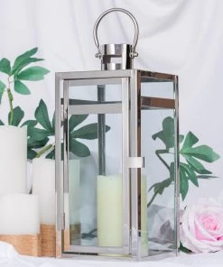HIER_4310 12" Silver Vintage Top Stainless Steel Candle Lantern Centerpiece Outdoor Metal Patio Lantern Chargers & Centerpieces