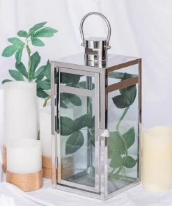 HIER_4310 12" Silver Vintage Top Stainless Steel Candle Lantern Centerpiece Outdoor Metal Patio Lantern Chargers & Centerpieces