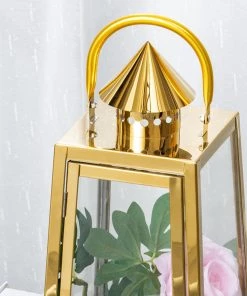 HIER_4310 22" Gold Cone Top Stainless Steel Candle Lantern Centerpiece Outdoor Metal Patio Lantern Chargers & Centerpieces 29 HIER_4310 22