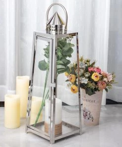 HIER_4310 22" Silver Cone Top Stainless Steel Candle Lantern Centerpiece Outdoor Metal Patio Lantern Chargers & Centerpieces