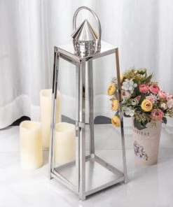 HIER_4310 22" Silver Cone Top Stainless Steel Candle Lantern Centerpiece Outdoor Metal Patio Lantern Chargers & Centerpieces