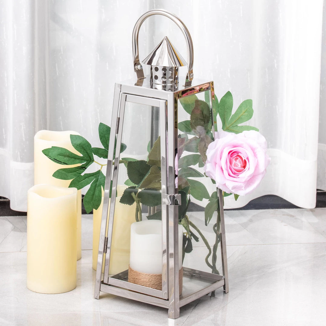 HIER_4310 Chargers & Centerpieces 15" Silver Cone Top Stainless Steel Candle Lantern Centerpiece Outdoor Metal Patio Lantern 1 HIER_4310 Chargers & Centerpieces 15" Silver Cone Top Stainless Steel Candle Lantern Centerpiece Outdoor Metal Patio Lantern