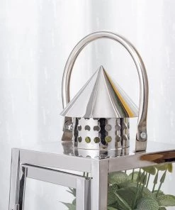 HIER_4310 Chargers & Centerpieces 15" Silver Cone Top Stainless Steel Candle Lantern Centerpiece Outdoor Metal Patio Lantern 23 HIER_4310 Chargers & Centerpieces 15