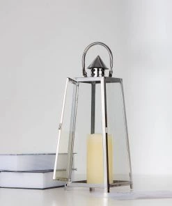 HIER_4310 Chargers & Centerpieces 15" Silver Cone Top Stainless Steel Candle Lantern Centerpiece Outdoor Metal Patio Lantern