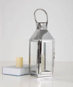 HIER_4310 14" Silver Crown Top Stainless Steel Candle Lantern Centerpiece Outdoor Metal Patio Lantern
