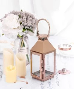 HIER_4310 8" Blush/Rose Gold Crown Top Stainless Steel Candle Lantern Centerpiece Outdoor Metal Patio Lantern Chargers & Centerpieces