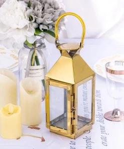 HIER_4310 Chargers & Centerpieces 8" Gold Crown Top Stainless Steel Candle Lantern Centerpiece Outdoor Metal Patio Lantern