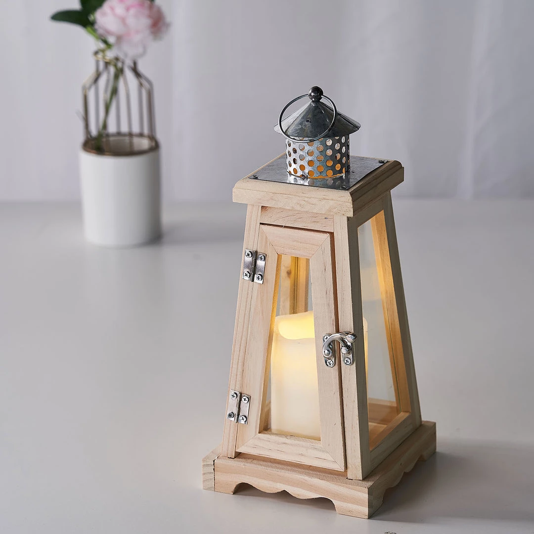 HIER_4320 Tabletop Decor 14" Rustic Wood & Glass Patio Candle Lantern Centerpiece, Outdoor - Metal Top European Style 7 HIER_4320 Tabletop Decor 14" Rustic Wood & Glass Patio Candle Lantern Centerpiece, Outdoor - Metal Top European Style