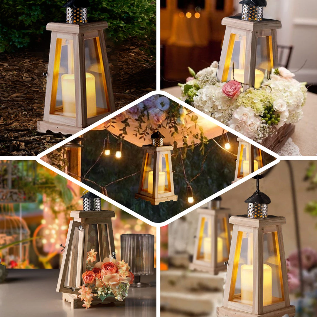 HIER_4320 Tabletop Decor 14" Rustic Wood & Glass Patio Candle Lantern Centerpiece, Outdoor - Metal Top European Style 5 HIER_4320 Tabletop Decor 14" Rustic Wood & Glass Patio Candle Lantern Centerpiece, Outdoor - Metal Top European Style