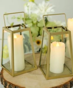 HIER_4310 2 Pack | Gold 6" Trapezoid Metal Candle Lanterns, Geometric Hanging Terrariums, Table Centerpiece, Indoor/Dry Outdoor Planter Lantern