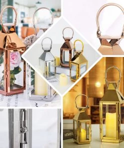 HIER_4310 14" Blush/Rose Gold Crown Top Stainless Steel Candle Lantern Centerpiece Outdoor Metal Patio Lantern Chargers & Centerpieces 17 HIER_4310 14