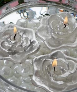 HIER_3810 4 Pack | 2.5" Silver Rose Flower Floating Candles Wedding Vase Fillers