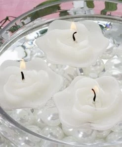 HIER_3810 Chargers & Centerpieces 4 Pack | 2.5" White Rose Flower Floating Candles Wedding Vase Fillers