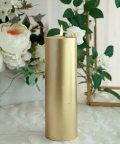 HIER_3820 9" Metallic Gold Dripless Unscented Pillar Candle, Long Lasting Candle Chargers & Centerpieces