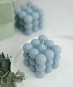 HIER_3820 2 Pack | Dusty Blue 2" Bubble Cube Paraffin Wax Candles, Unscented Square Pillar Candle, Party Favor Gift Chargers & Centerpieces
