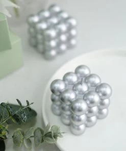 HIER_3820 2 Pack | Shiny Metallic Silver 2" Bubble Cube Paraffin Wax Candles, Unscented Square Pillar Candle, Party Favor Gift Chargers & Centerpieces