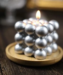 HIER_3820 2 Pack | Shiny Metallic Silver 2" Bubble Cube Paraffin Wax Candles, Unscented Square Pillar Candle, Party Favor Gift Chargers & Centerpieces