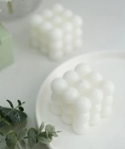 HIER_3820 Chargers & Centerpieces 2 Pack | White 2" Bubble Cube Paraffin Wax Candles, Unscented Square Pillar Candle, Party Favor Gift