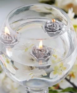HIER_3810 Chargers & Centerpieces 12 Pack | 1" Silver Mini Rose Flower Floating Candles Wedding Vase Fillers