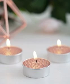 HIER_3820 9 Pack | Metallic Blush/Rose Gold Tealight Candles, Unscented Dripless Wax - Textured Design Chargers & Centerpieces
