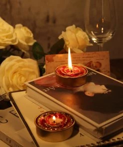 HIER_3820 2 Pack | Red/Gold Glitter Rose Tealight Candles Unscented Dripless Wax Chargers & Centerpieces 24 HIER_3820 2 Pack | Red/Gold Glitter Rose Tealight Candles Unscented Dripless Wax Chargers & Centerpieces