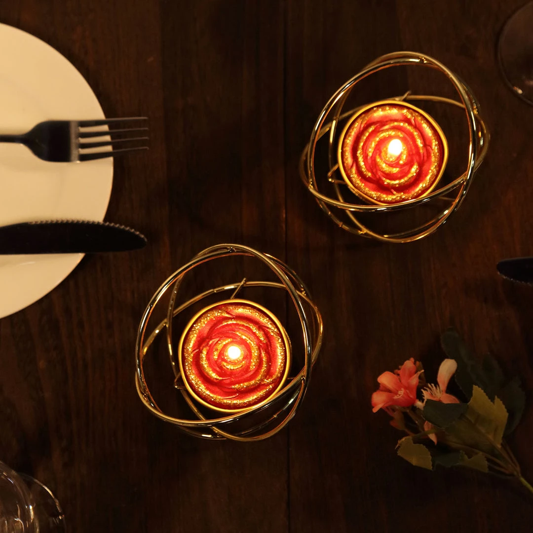 HIER_3820 2 Pack | Red/Gold Glitter Rose Tealight Candles Unscented Dripless Wax Chargers & Centerpieces 2 HIER_3820 2 Pack | Red/Gold Glitter Rose Tealight Candles Unscented Dripless Wax Chargers & Centerpieces