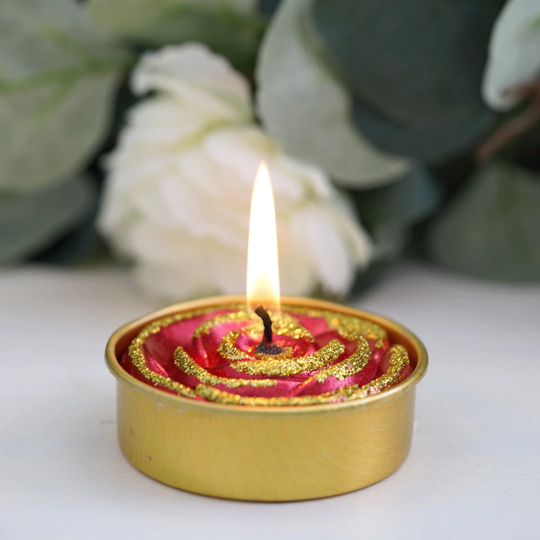 HIER_3820 2 Pack | Red/Gold Glitter Rose Tealight Candles Unscented Dripless Wax Chargers & Centerpieces 6 HIER_3820 2 Pack | Red/Gold Glitter Rose Tealight Candles Unscented Dripless Wax Chargers & Centerpieces