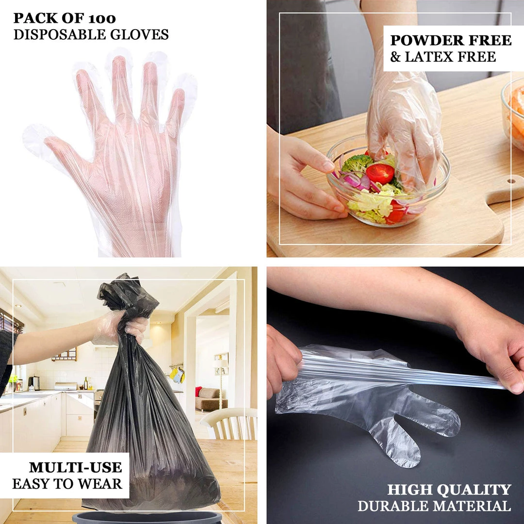 Tableclothsfactory Big Clearance Sale 100 Pack | Clear Plastic Disposable Gloves, Powder Free Multipurpose Plastic Gloves, Food Service Gloves 4 Tableclothsfactory Big Clearance Sale 100 Pack | Clear Plastic Disposable Gloves, Powder Free Multipurpose Plastic Gloves, Food Service Gloves