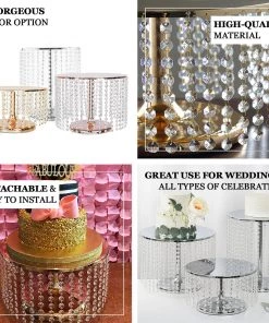 HIER_4110 8" Tall Metallic Gold Cake Stand, Cupcake Dessert Pedestal With 36 Acrylic Crystal Chains 13 HIER_4110 8