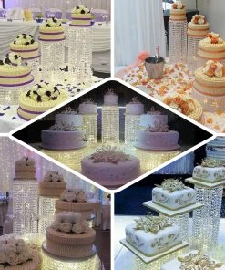 HIER_4110 8" Tall Metallic Gold Cake Stand, Cupcake Dessert Pedestal With 36 Acrylic Crystal Chains 14 HIER_4110 8