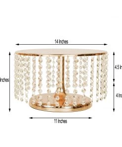 HIER_4110 8" Tall Metallic Gold Cake Stand, Cupcake Dessert Pedestal With 36 Acrylic Crystal Chains 12 HIER_4110 8