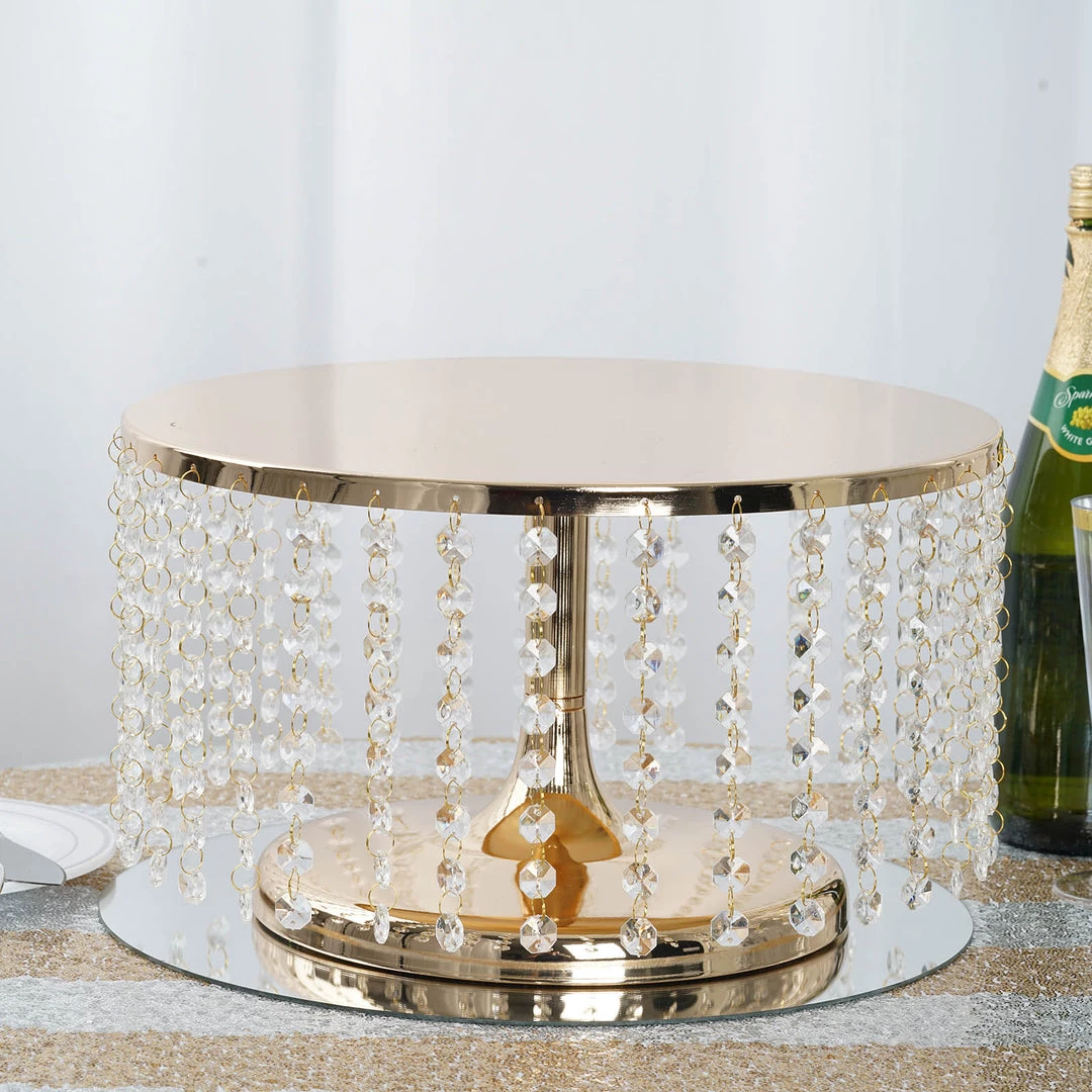 HIER_4110 8" Tall Metallic Gold Cake Stand, Cupcake Dessert Pedestal With 36 Acrylic Crystal Chains 2 HIER_4110 8" Tall Metallic Gold Cake Stand, Cupcake Dessert Pedestal With 36 Acrylic Crystal Chains